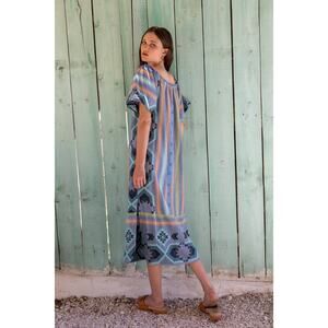 NEMA Maxi Tunic Dress Cotton Resort Wear Ana Blue Boho Flowy Southwestern Print